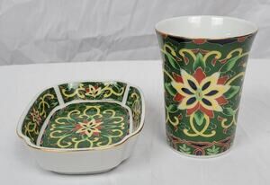 Kashmir Takahashi San Franscisco 1981 Hand Decorated Rectangular Bowl and Cup